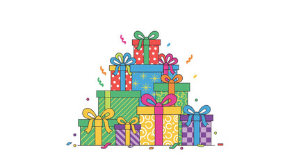 Fototapeta premium Stack of colorful gift boxes with ribbons and bows surrounded by confetti depicts celebration, holidays, birthdays, and festive giving.