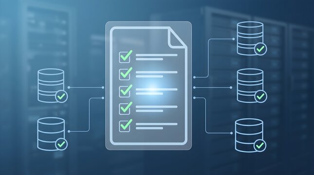 Legal Document Storage and Retrieval System. Man Using Document Management System to Store Approved Documents. Many File Icons with Check Marks