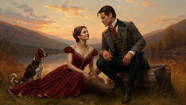 Regency era couple in burgundy gown and historical suit sitting by a mountain lake with a hound dog at sunset