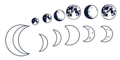 Set of 40 hand-drawn moon phase with crescent, half, and full moons moon phases crescent moon half moon © Mamun