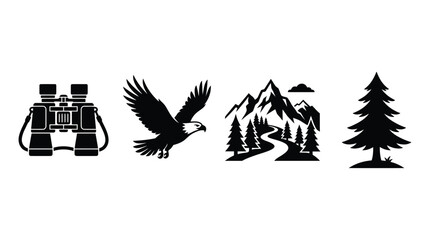 Fototapeta premium Outdoor Adventure Icons Featuring Binoculars Eagle Mountains And Pine Tree
