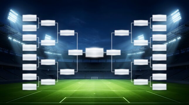 A high-quality football tournament bracket graphic displayed over a glowing stadium night scene.