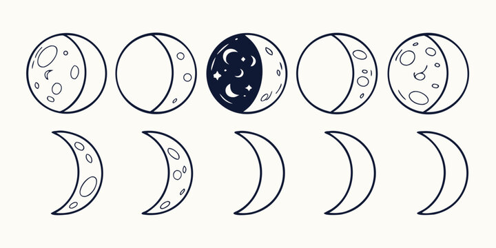 Hand-drawn phases of the moon in black and white, isolated on white background, moon phases crescent moon