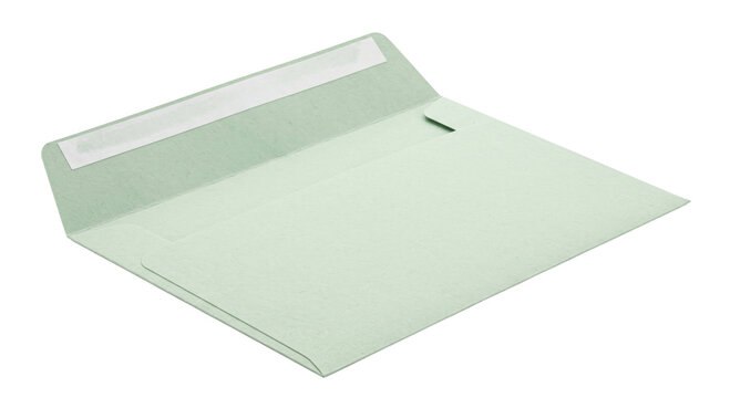 Open light green paper envelope with adhesive strip for sealing documents