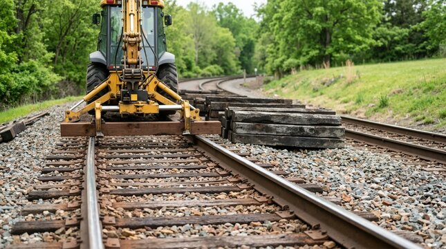 Yellow excavator replacing wooden railroad ties on a railway track. Train track maintenance and repair work. Industrial construction concept
