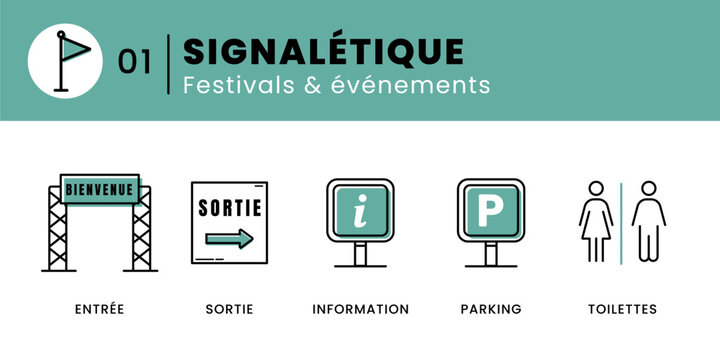 Collection de 5 pictogrammes vectoriels de signal&eacute;tique &eacute;v&eacute;nementielle : entr&eacute;e, sortie, information, parking et toilettes. Illustrations modernes en noir et vert pour festival, concert et &eacute;v&eacute;nement