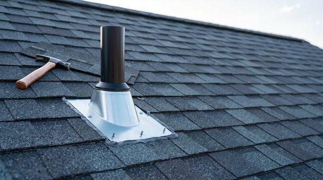 Close up of a new metal roof jack installation with vent pipe. Hammer on dark grey asphalt shingles. Residential roofing repair and maintenance concept