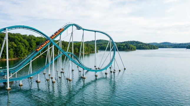 Blue steel roller coaster built over a wide lake. Thrill ride with orange train descending drop near water