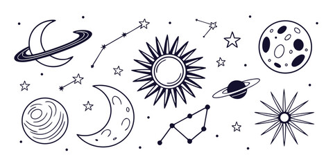 Celestial doodle set with stars, moon, sun, planets, and rockets on white background, moon phases crescent moon © Mamun