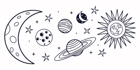 Cute celestial doodles on white background, moon phases, stars, comets, planets, and shooting stars crescent moon © Mamun