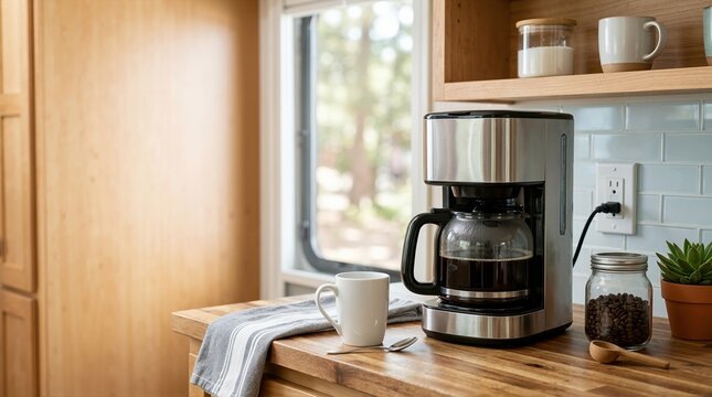 Modern coffee maker with glass carafe on a wooden countertop in an RV kitchen. White mug and coffee beans in a cozy camper interior