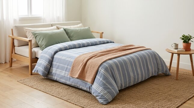 Unfolded sofa bed with blue striped duvet and green pillows. Modern guest room interior with wooden sleeper couch and jute rug