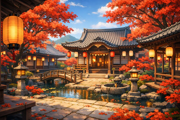 Fototapeta premium Traditional Japanese temple garden in autumn with beautiful red maple trees and wooden bridge