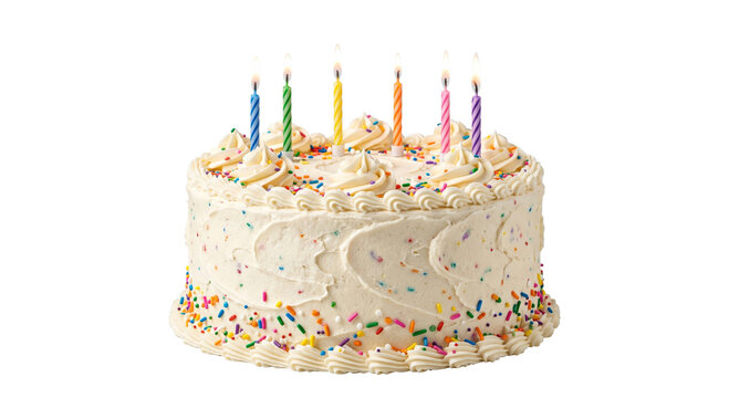 Festive birthday cake with colorful candles and sprinkles, ready for celebration