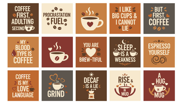 Collection of fifteen funny coffee quotes and retro typography designs with cups in a stylish grid pattern.