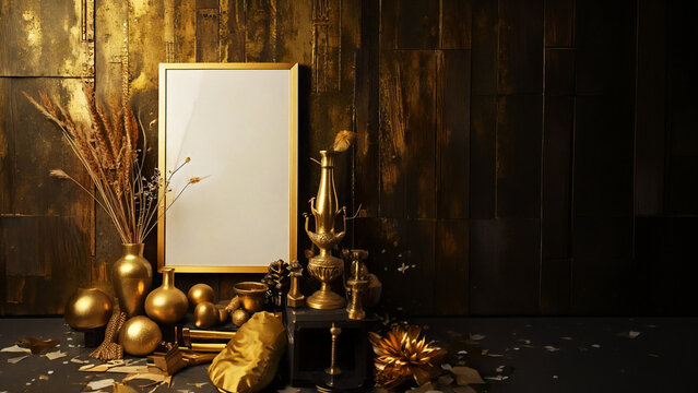 Elegant golden home decor still life featuring empty picture frame on dark textured background interior sophisticated textures