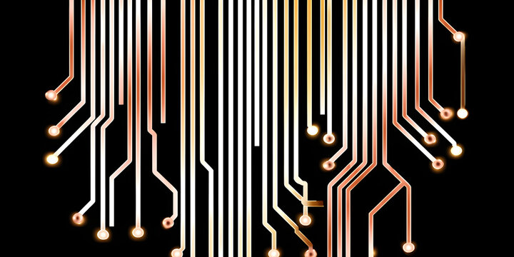Industrial circuit board wallpaper with tarnished copper routing and geometric processor nodes