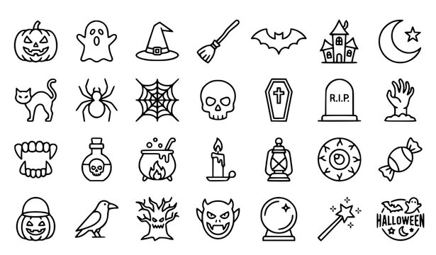 Minimalist Halloween Outline Icon Collection with Editable Stroke Spooky Holiday Symbols