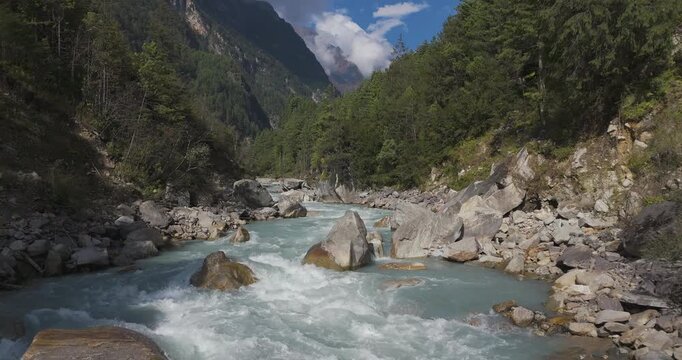 Annapurna Circuit Nepal,aerial drone shot of the fast flowing glacier fed currents of the Marsyangdi River rushing through a dense mountain pine forest at an altitude of 3000m in the Manang