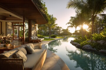 Obraz premium Sunset tropical villa with a shimmering pool, lush garden, and open-air living spaces
