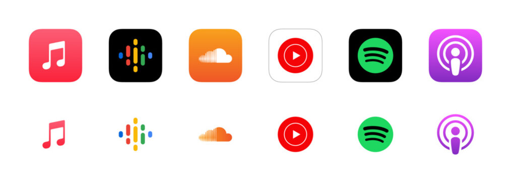 Streaming music podcast app logo icons set soundcloud, spotify, youtube music collection