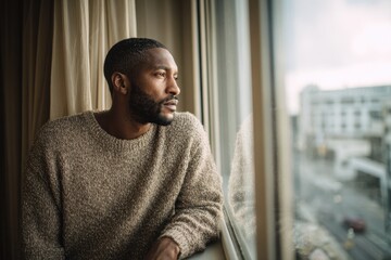 Fototapeta premium Thoughtful man gazing out a sunlit window in a calm interior