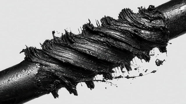 Abstract close-up of thick, glossy black paint or oil applied to a tube, highlighting its texture and fluid dynamics.