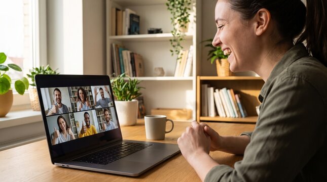 Young professional woman attending virtual team meeting on laptop. Remote worker smiling during online video conference call at home office.