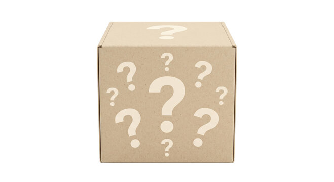 Cardboard box with question marks printed on it, symbolizing mystery
