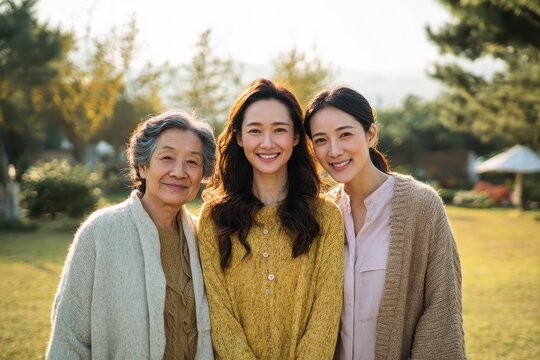 Three-Generation Asian Family Standing Together Outdoors in a Sunny Park
