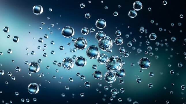 Clear water droplets and air bubbles on dark blue background