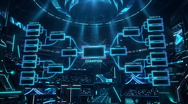 Futuristic neon blue football tournament bracket displayed in a high-tech digital arena interior.
