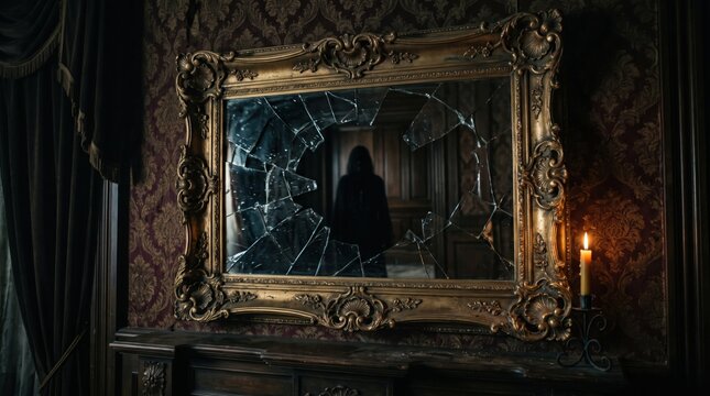 A hooded silhouette appears within a shattered antique mirror above a lit candle in an elegant dark Victorian room.