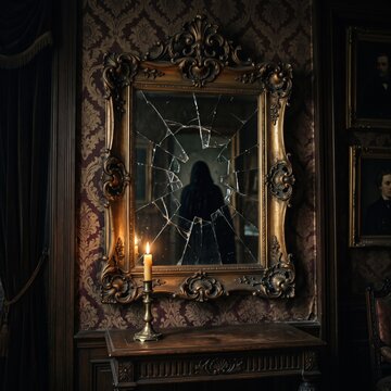 A hooded silhouette appears within a shattered antique mirror above a lit candle in an elegant dark Victorian room.