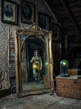 A ghostly child holding a glowing lantern appears within a cracked mirror in a decaying haunted attic filled with cobwebs and old portraits.