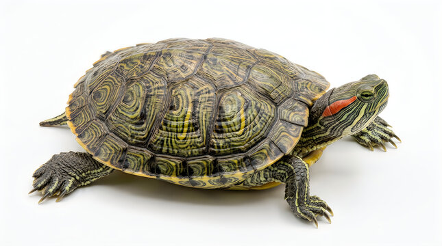 Red eared slider turtle isolated on white background