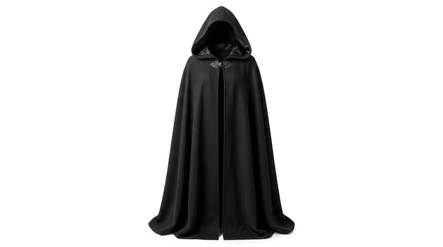Black hooded cloak with decorative metal clasp