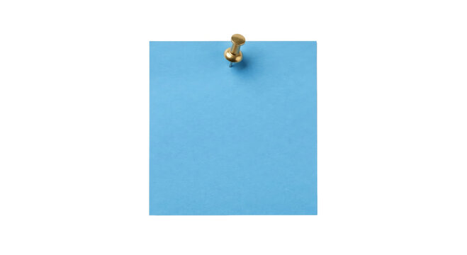 A single blue sticky note is attached to a white background with a brass thumbtack