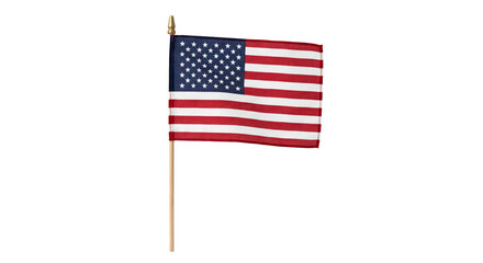 Obraz premium Small American flag on a wooden stick waving gently against a white background