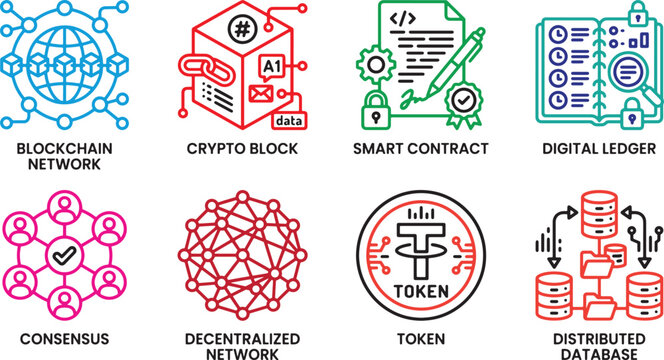 Cryptocurrency icons. Blockchain network, crypto block, smart contract
