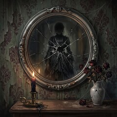Obraz premium A shadowy silhouetted figure appears within a cracked circular mirror surrounded by dried roses and a lit candle in a decaying room.
