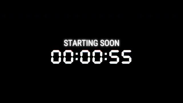 Starting Soon 60 Seconds To Zero Countdown Clock Timer With Glitch Effects, Suitable for YouTube Videos, Streaming, and Commercial Break Timers. 4K video