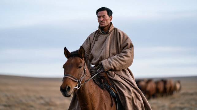 A Mongolian horseman riding bareback across a windswept October steppe at low angle, traditional deel coat billowing, herd of horses following behind, wide landscape, nomadic