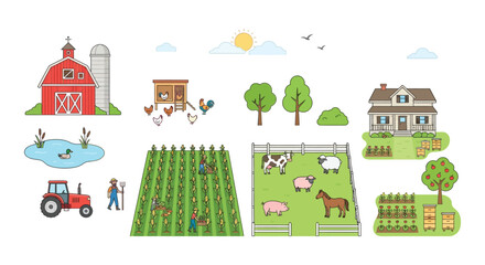 Farm scene vector illustration with buildings animals crops and a rural landscape in a cartoon style farmland agriculture countryside © mdashraful
