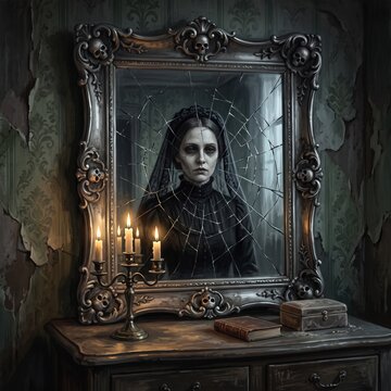 A pale woman in Victorian dress appears within a cracked ornate mirror above lit candles in a decaying haunted room.