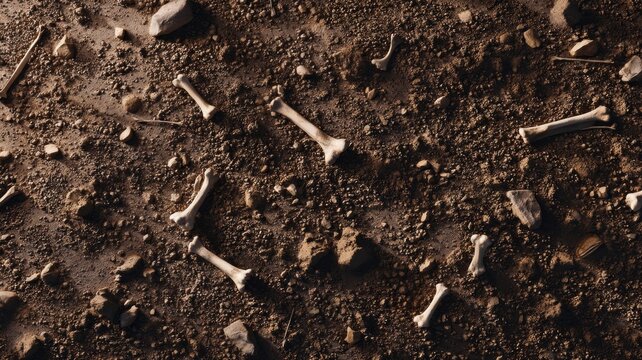 Earthy surface with sporadic bones and twigs. AI generated