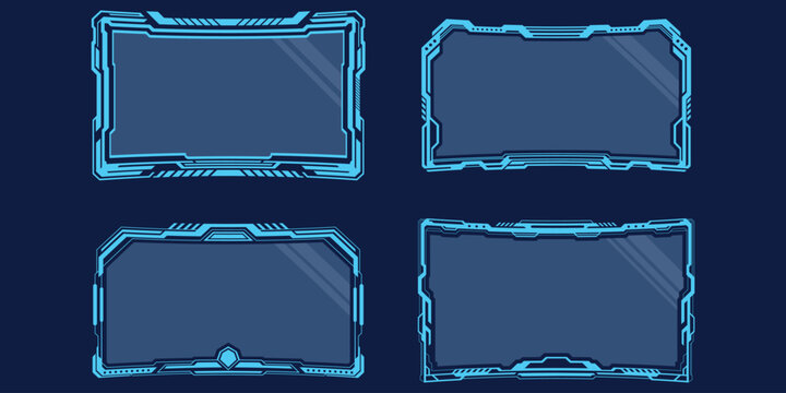 Set of four futuristic digital HUD interface frames with glowing blue neon tech border designs.