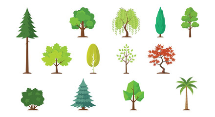 Collection Of Various Tree Types A Flat Vector Illustration On A White Background trees silhouettes foliage woodland forest arboreal © mdashraful