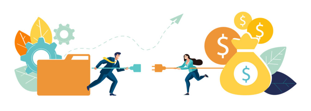Businessman with plug and girl with socket, run towards each other for electric contact to create more energy financial profitability. Economic growth, gold dollar cents, business. Vector illustration