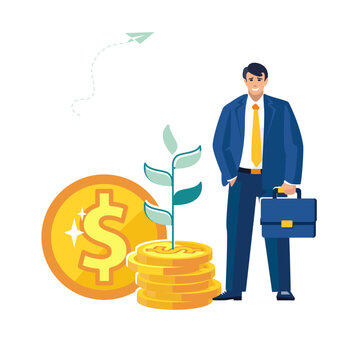 Businessman analyzes money income dollar coins, bar chart, gold pennies, cents, green sprout, up arrow. Business finance, people Economic growth, investment, investor, bank, poster Vector illustration